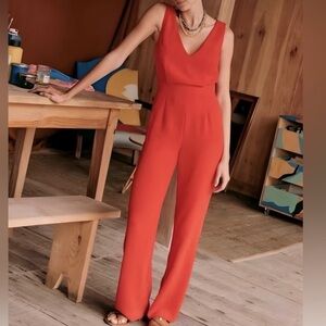 Sézane Vanille Sleeveless V-Neck Jumpsuit | Red Coral | Size 36 | US 4